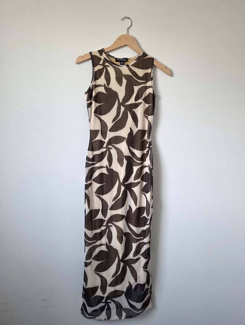 See You Monday Cream Midi Dress Brown Leaf Print Size Medium
